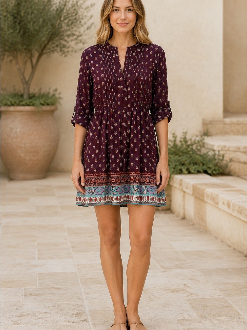 American Rag Cie Dress M Burgundy Boho Geometric Border Print Tunic Roll Tab